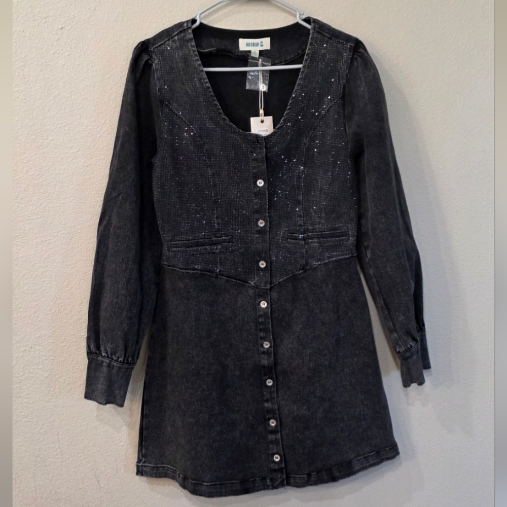 Black Sparkly Denim Button-Up Dress